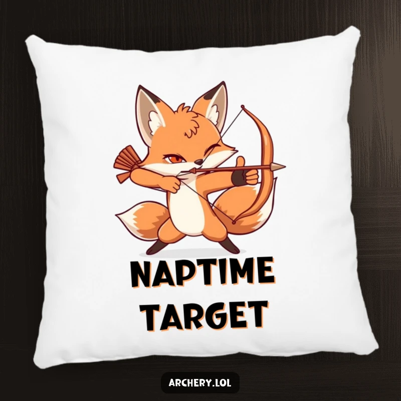 Funny pillow with a winking fox in a dynamic archery pose, radiating playful confidence.