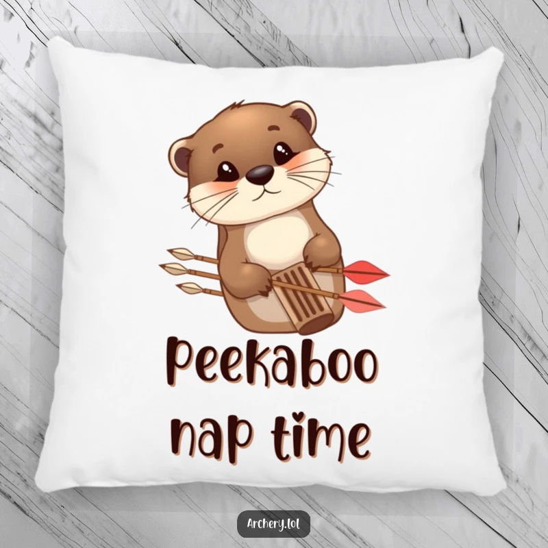 Funny Pillow with a curious otter peeking from behind an arrow quiver, adding a touch of humor to any room.