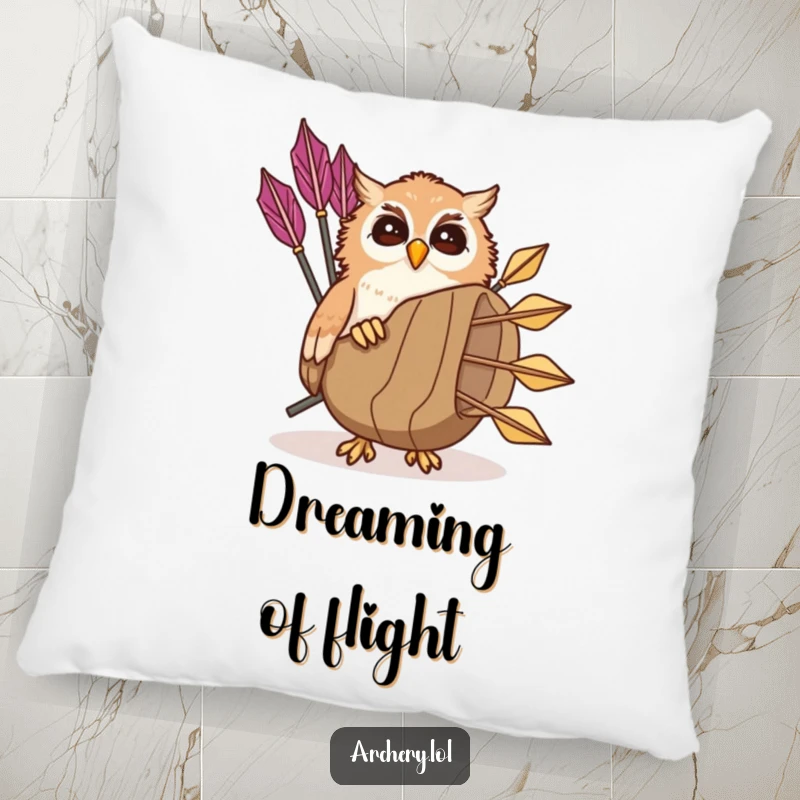 Funny giggling owl pillow with a playful owl peeking from a quiver of arrows, soft and humorous gift.