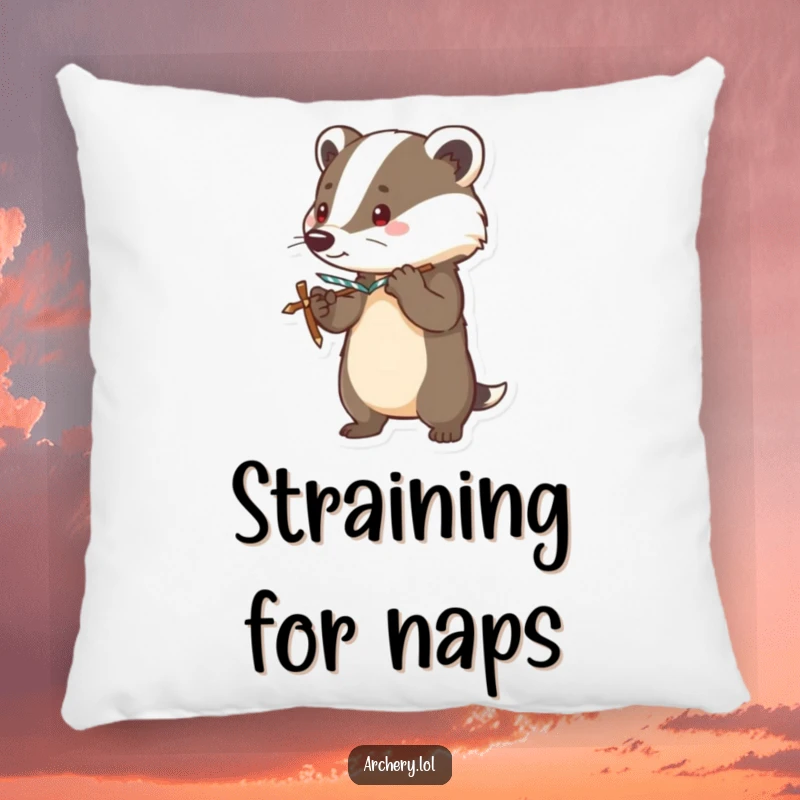 Funny pillow featuring a brave badger in an alert pose, bow drawn taut, offering humorous comfort and watchful style.