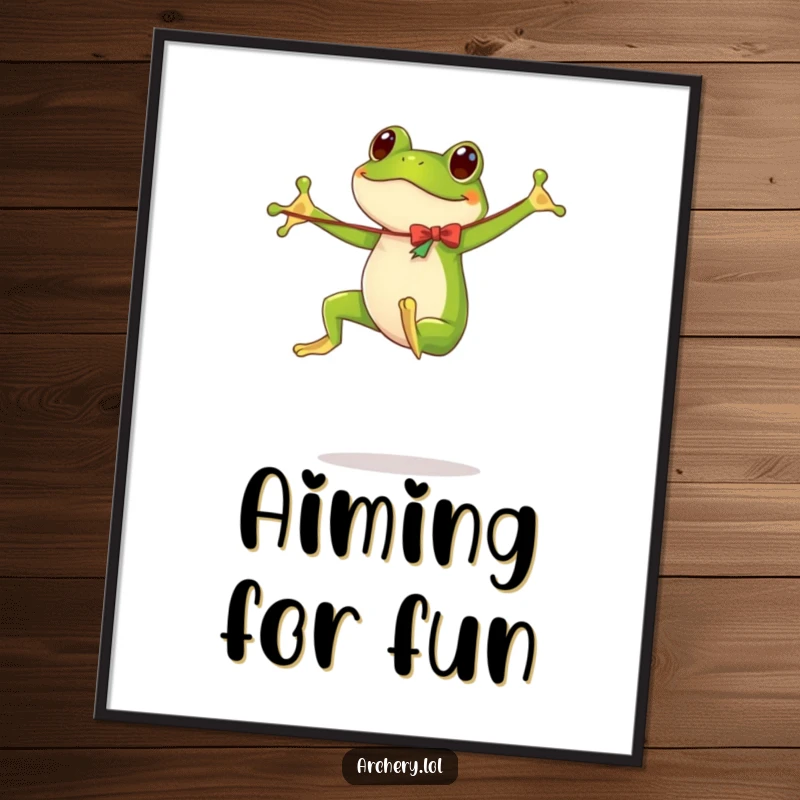 Funny digital art print of an energetic frog mid-leap, holding a long, flimsy bow.