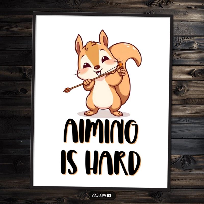 Funny squirrel archer digital art print showing a playful squirrel comically missing the target with a wild arrow.