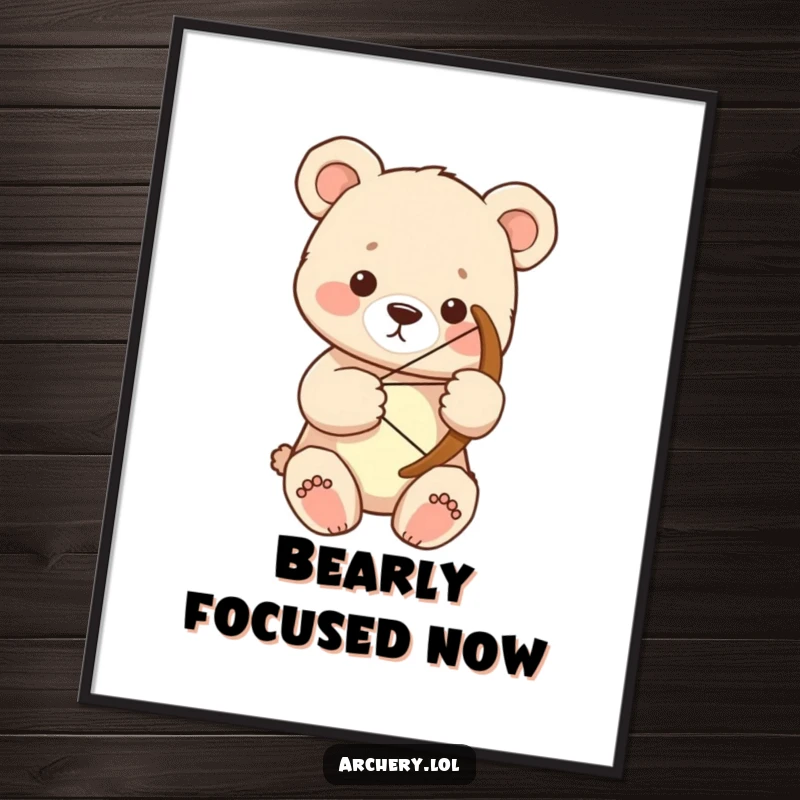 Funny bear cub archer digital art print showing a focused cub holding a large bow with both paws.
