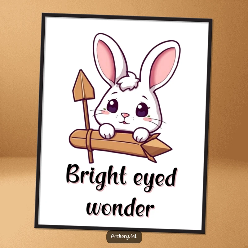 Funny Curious Rabbit Digital Art: An excited rabbit peeks over its arrow, conveying curiosity and anticipation in a fun design.
