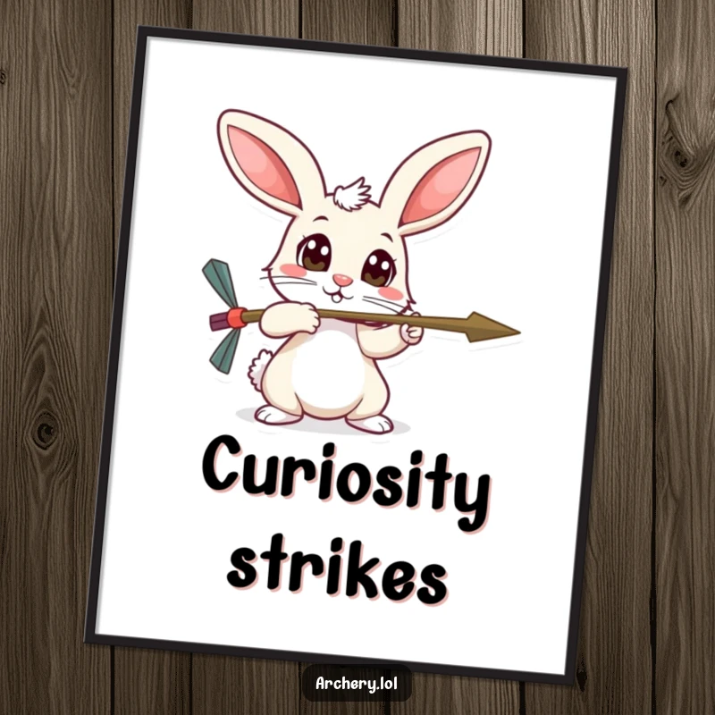 Funny timid rabbit digital art print, wide curious eyes, aiming an arrow with a timid look, charming decor.
