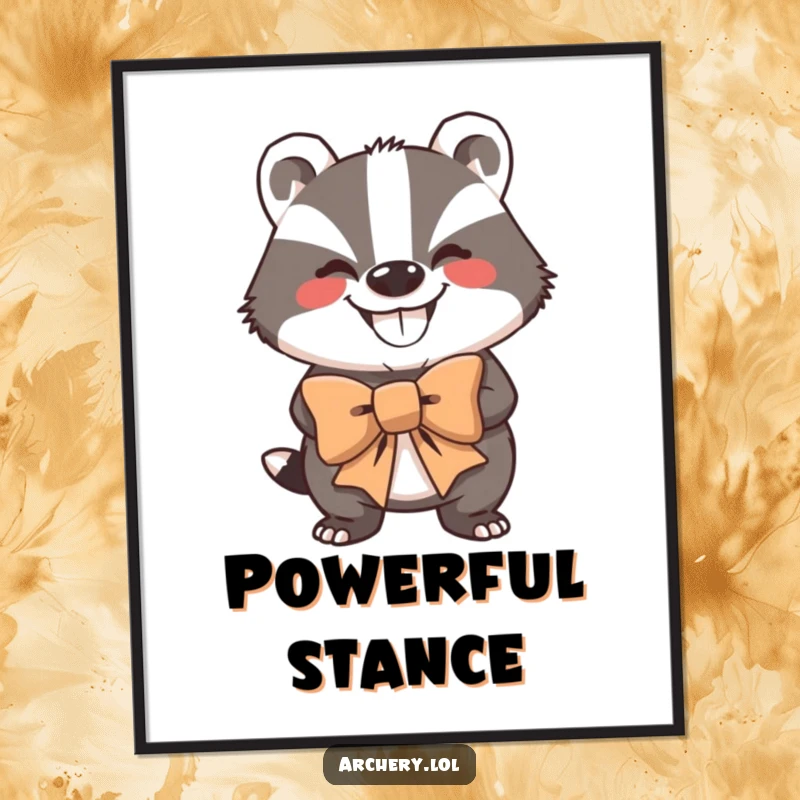 Funny Digital Art Print: A grinning badger holding a large bow, looking strong and determined.