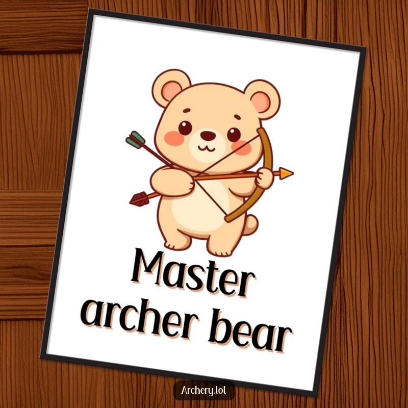 Funny digital art print of a smiling bear proudly holding a bow and arrow. Instant download for humorous home decor.