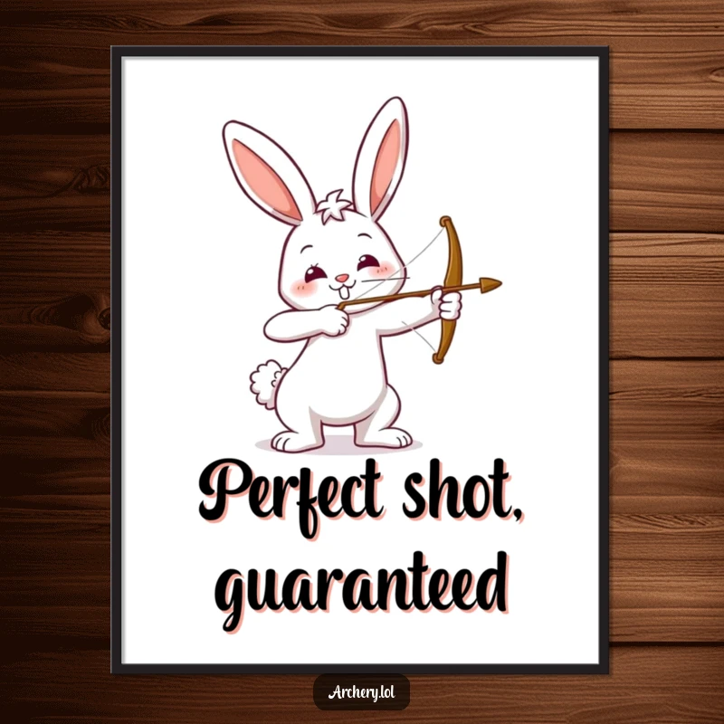 Funny digital art print of a happy bunny drawing a bow, aiming with a smile. Instant download for humorous home decor.