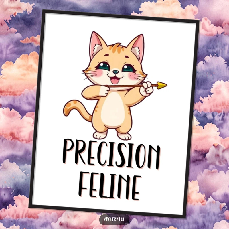 Funny cat archer digital art print of a smiling cat aiming an arrow, humorous and instantly shareable gift.