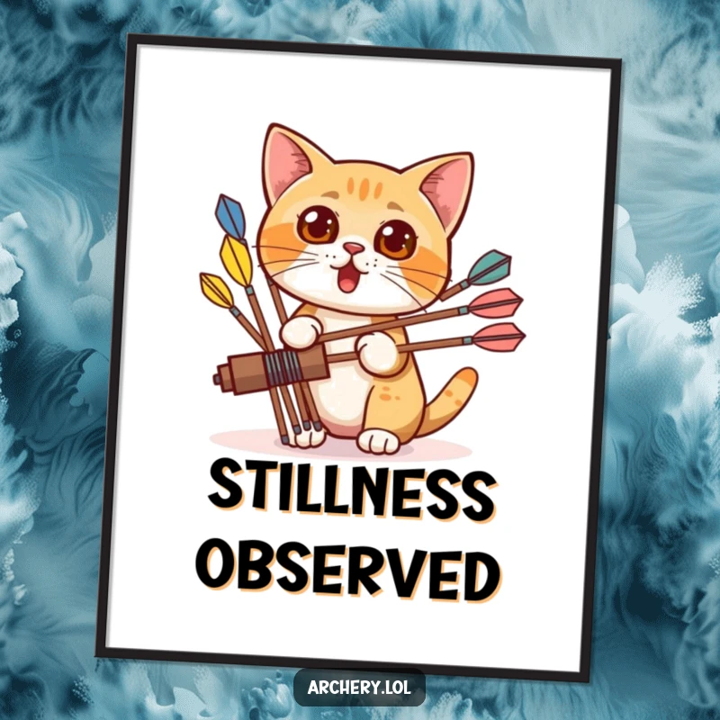 Funny digital art print of a surprised cat peeking from behind colorful arrows, bringing a sense of playful curiosity and humor to any decor.