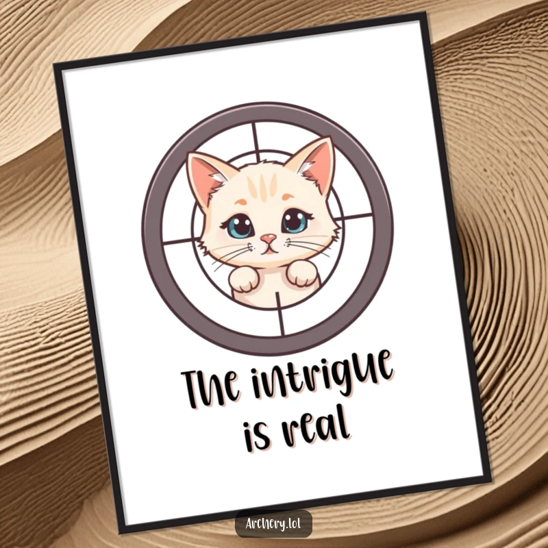 Funny Cat Target Digital Art: A curious cat peeks from behind a target, offering humorous and mysterious wall art.