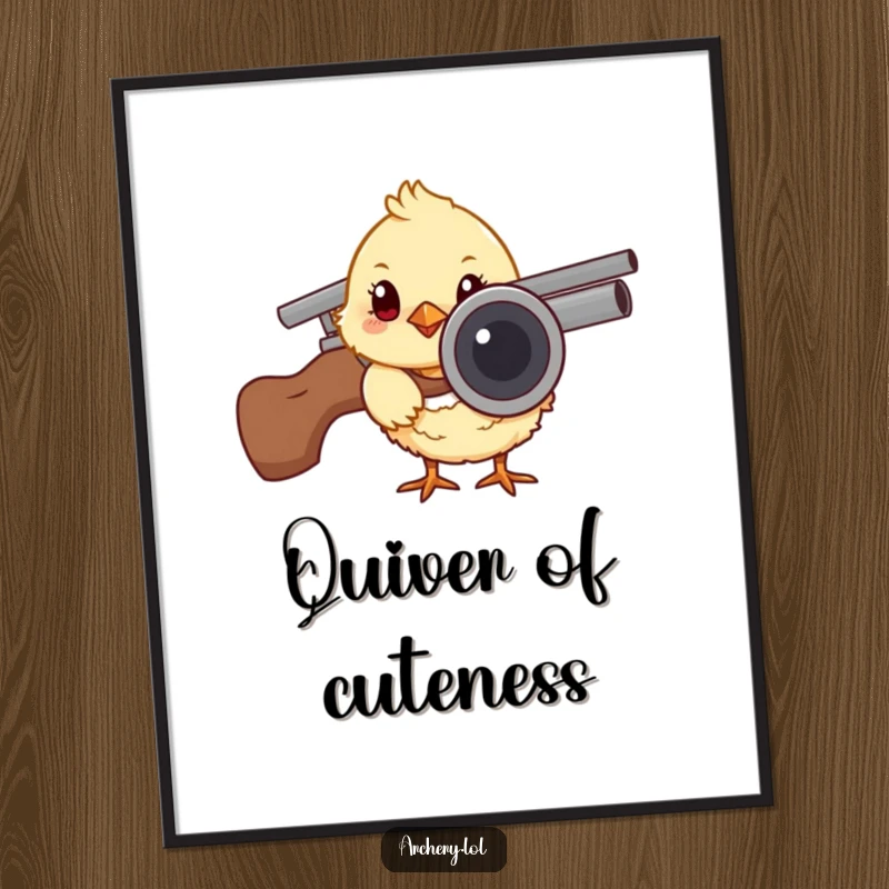 Funny digital art of a curious chick peeking from behind an arrow quiver, capturing a moment of humorous cuteness and wonder.
