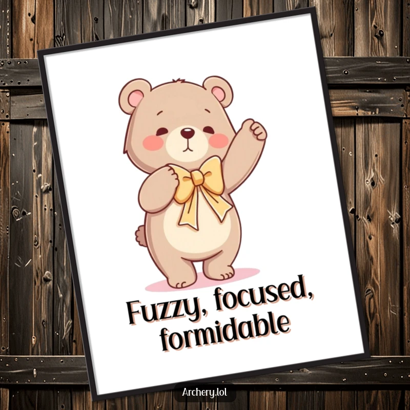 Funny digital art print of a dancing bear comically struggling to draw a large bow, perfect for humorous wall decor.