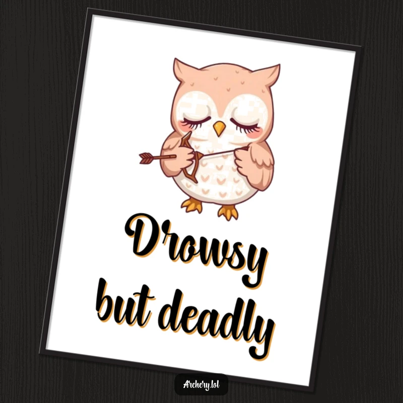 Funny digital art print of a sleepy owl gently holding a tiny bow and arrow.
