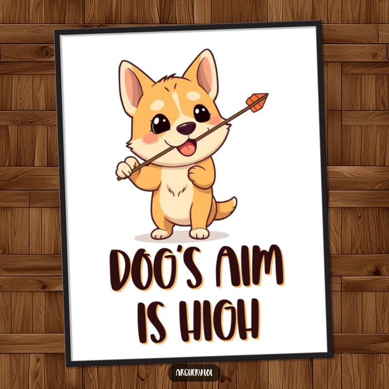 Funny digital art of a silly dog with a bow, its arrow accidentally shot upwards, capturing a moment of humorous pet pandemonium.