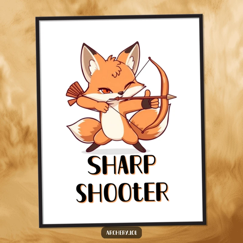 Funny digital art print of a winking fox striking a dynamic archery pose, exuding confidence and wit.