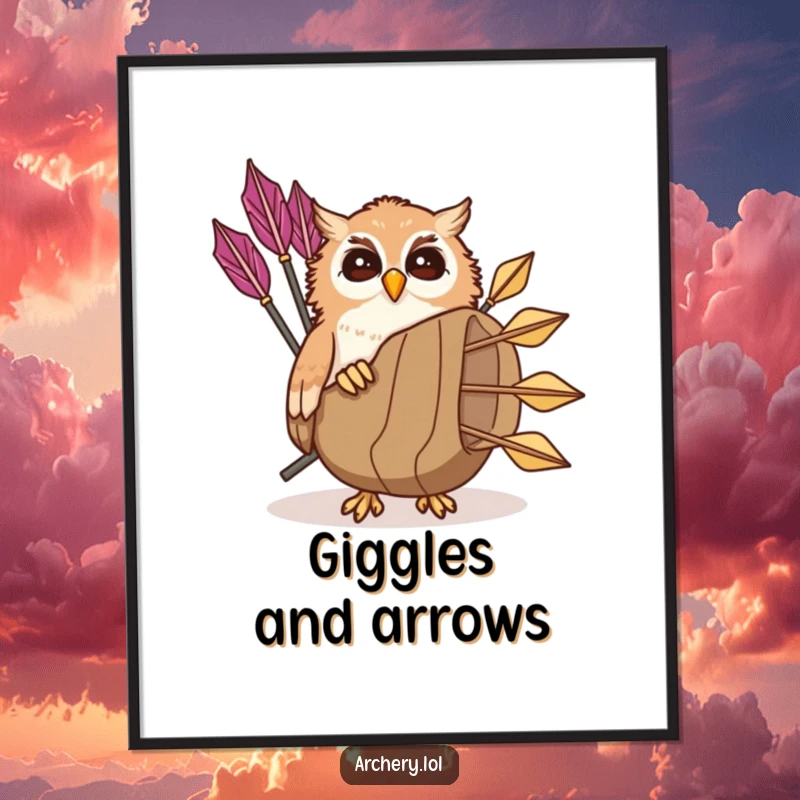 Funny giggling owl digital art print with a playful owl peeking from a quiver of arrows, humorous and instant gift.