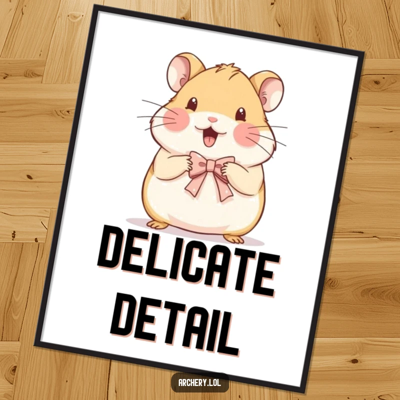 Funny digital art print of a beaming hamster focused on drawing a very small, delicate bow with artistic precision.