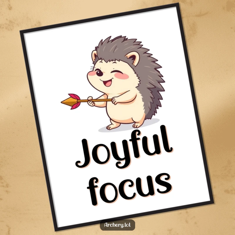 Funny digital art print of a giggling hedgehog drawing back an arrow with playful intensity, adding a touch of whimsical humor to any decor.
