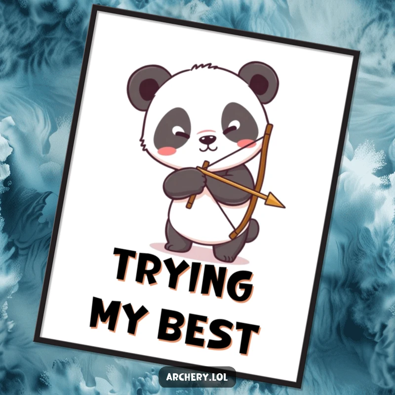 Funny Panda Archer Digital Art Print: A silly panda hilariously attempts to hold a bow and arrow, capturing humor.