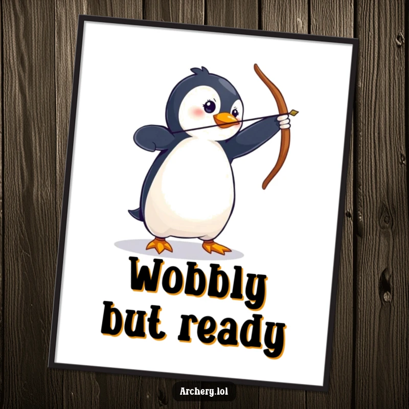 Funny Digital Art Print of a wobbly penguin in a dramatic archery stance, capturing humorous athletic effort.