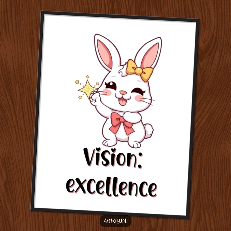 Funny digital art print of a cheerful rabbit aiming a sparkly bow with a joyful, determined expression, adding a humorous touch to any space.