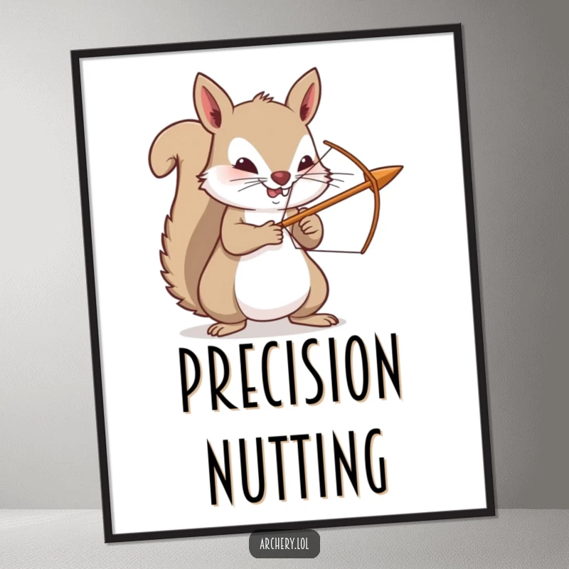 Funny squirrel archer digital art print, a determined woodland creature with a miniature bow and arrow, ready to aim playfully.