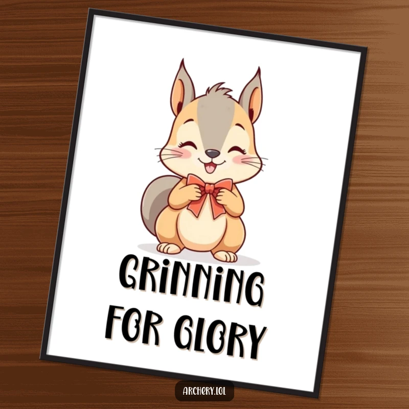 Funny Squirrel Archer Digital Art Print: A playful squirrel grins as it draws a tiny bow, capturing whimsical fun.