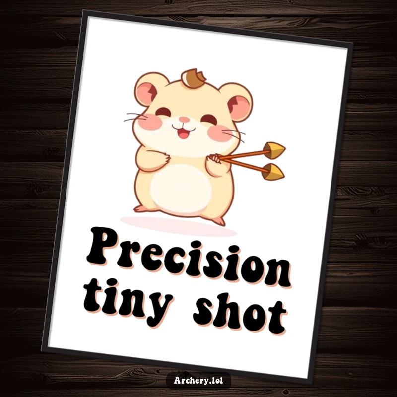 Funny hamster digital art print of a happy hamster shooting a miniature arrow, perfect for whimsical and humorous wall decor.