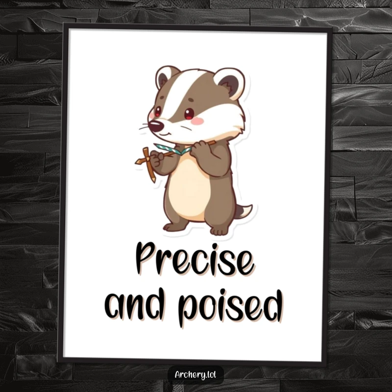 Funny digital art print of a brave badger standing alert with a bow drawn taut, perfect for humorous, courageous wall decor.