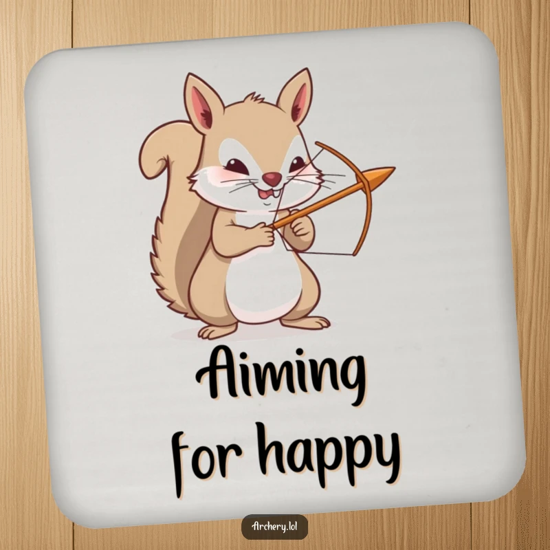 Funny squirrel coaster, a determined archer rodent with a bow and arrow, protecting surfaces with tiny, humorous aim.