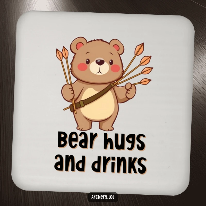 Funny bear coaster depicting a proud bear holding a quiver of arrows, a humorous and protective addition for drinks.