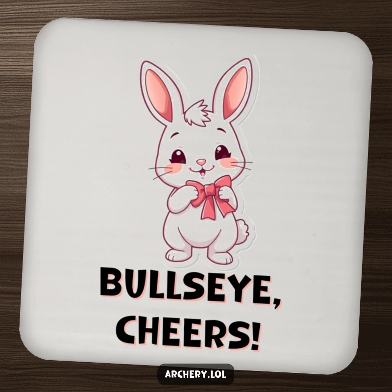 Funny rabbit archer drink coaster featuring a cheerful bunny with a playful smirk, drawing a bow, ideal for surface protection.