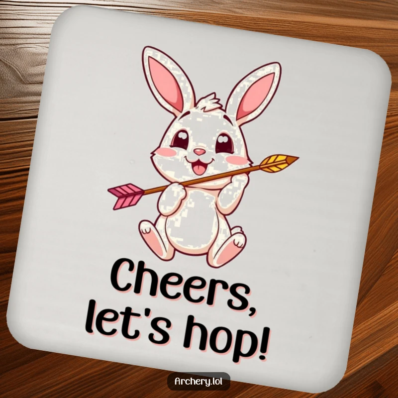 Funny bunny archer coaster featuring a cheerful bunny nocking an arrow, protecting surfaces with humor.