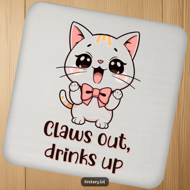 Funny drink coaster showcasing a determined cat with sharp whiskers, drawing a bow with focused intensity.