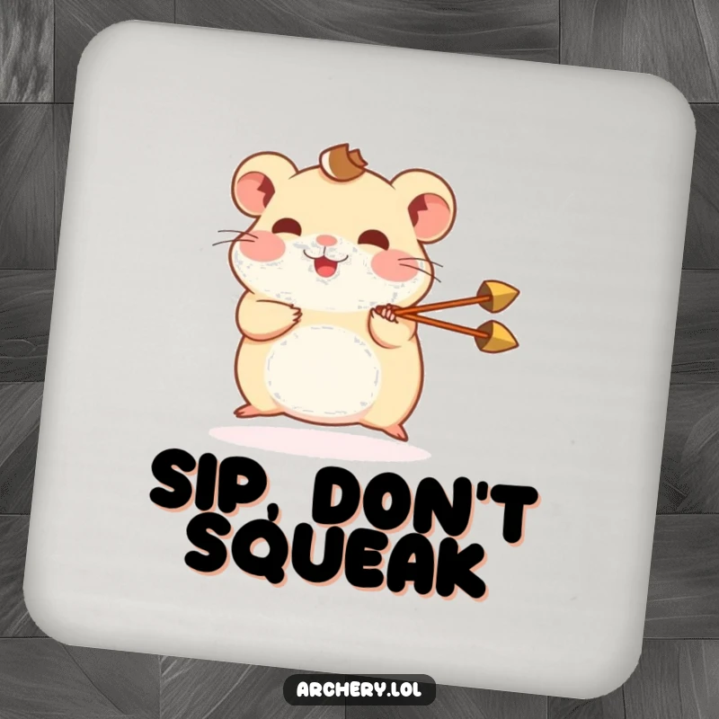 Funny hamster coaster depicting a happy hamster shooting a miniature arrow, a cute and protective addition for drinks.