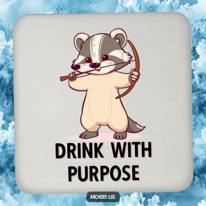 Funny badger coaster depicting a determined badger with a drawn bow, a humorous and protective addition for drinks.