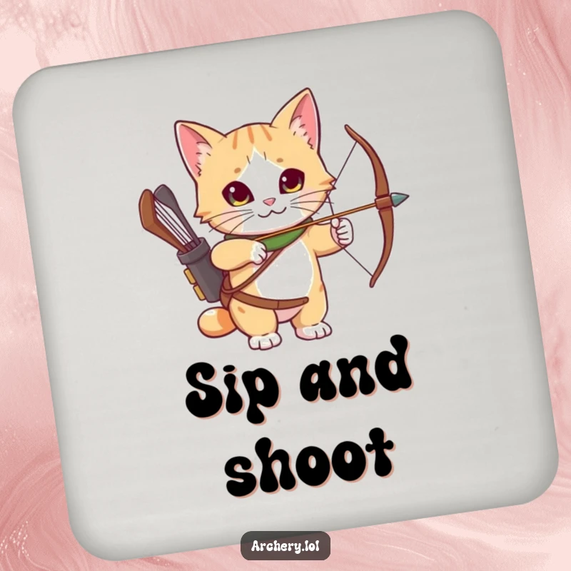 Funny Coaster: A curious cat wearing an archery quiver, looking ready to protect surfaces with style.