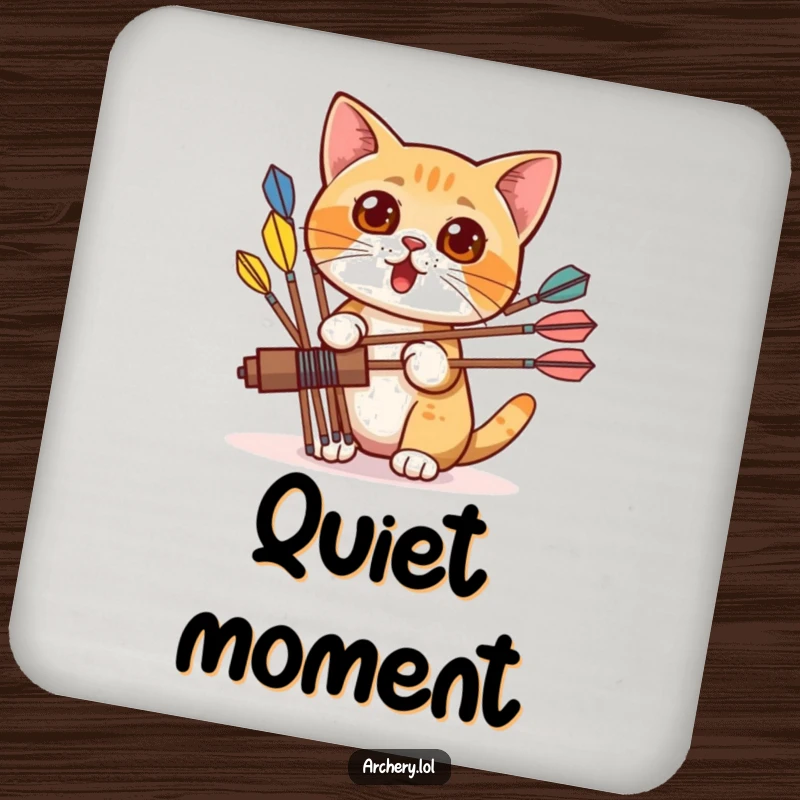 Funny drink coaster showing a surprised cat peeking from behind colorful arrows, adding a touch of feline surprise to any surface.