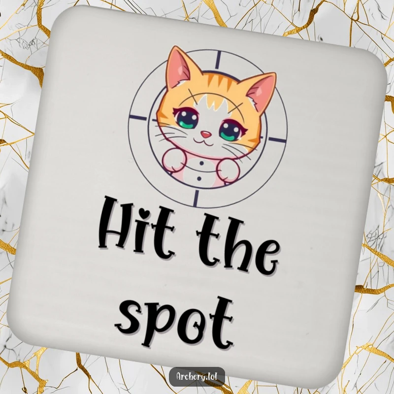 Funny drink coaster with a curious cat peeking from behind a target after shooting. Humorous and practical for table protection.