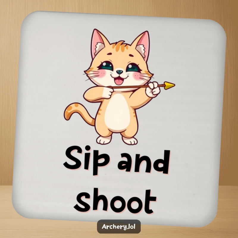 Funny cat archer drink coasters featuring a smiling cat with an arrow, protecting surfaces with humor, great gift.