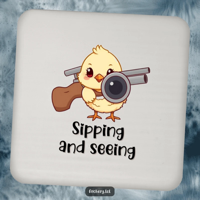 Funny drink coaster featuring a curious chick peeking from behind an arrow quiver, protecting surfaces with humorous, cute archery flair.