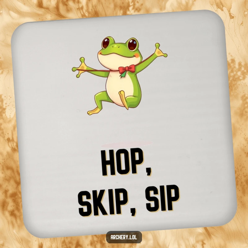 Funny drink coaster showcasing a dynamic, bouncing frog holding a comically flimsy bow.