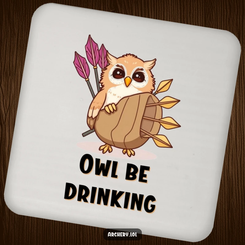 Funny giggling owl drink coasters featuring a playful owl peeking from a quiver of arrows, humorous protection and gift.