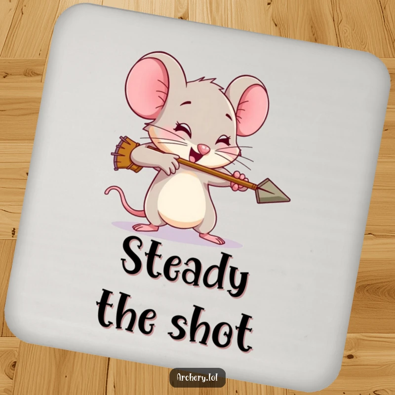 Funny mouse coaster, a brave archer mouse showing exaggerated effort, protecting your furniture with heroic charm.