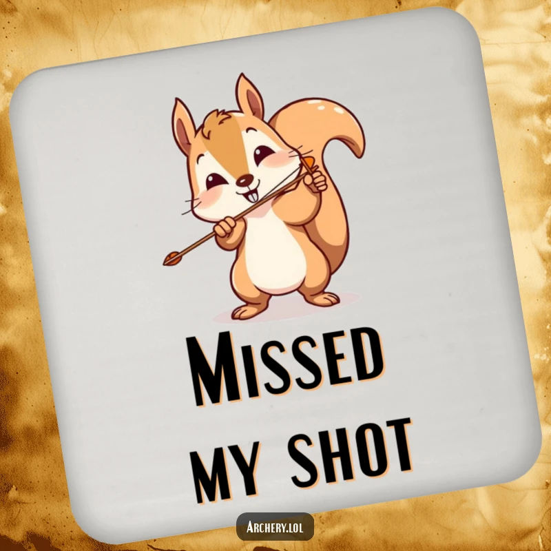 Funny squirrel archer coaster featuring a playful squirrel comically missing the target, protecting surfaces with humor.