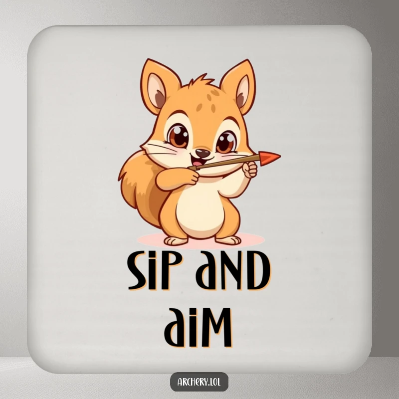 Funny squirrel archer drink coaster featuring a happy squirrel aiming an arrow with determined eyes, ideal for surface protection.
