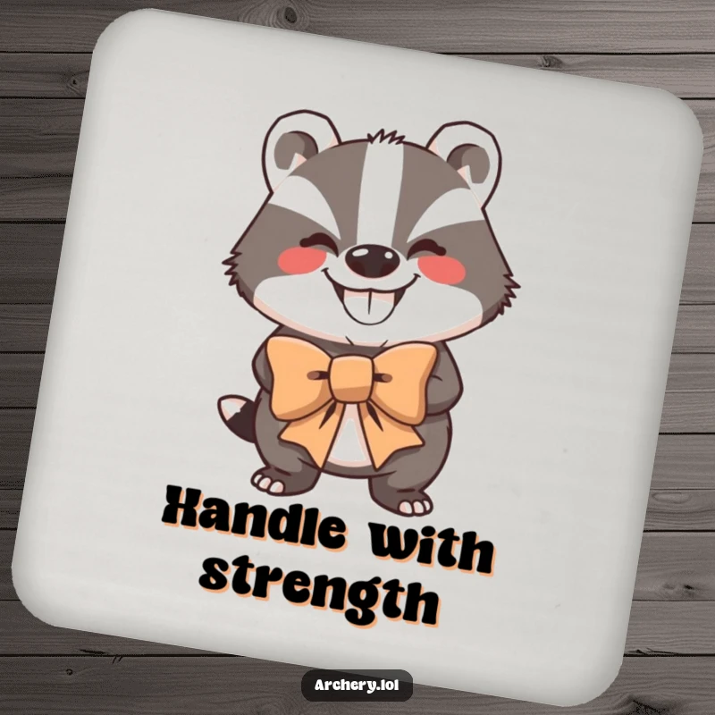 Funny Coaster: A grinning badger holding a large bow, looking strong and protecting surfaces.