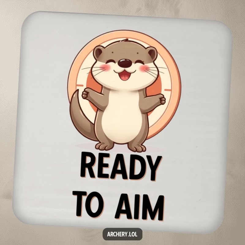 Funny otter coaster, a joyful otter stands by a target, offering protection and cheerful vibes to your surfaces.