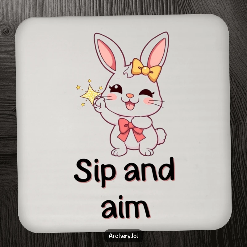 Funny drink coaster showing a cheerful rabbit aiming a sparkly bow with a joyful expression, protecting surfaces with humor.